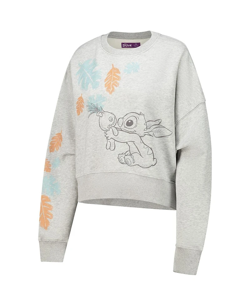 Freeze Max Women's Heather Gray Lilo and Stitch Hold on Tight Loose Fit Cropped Pullover Sweatshirt
