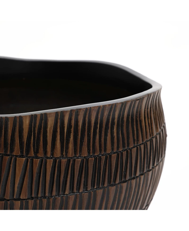 LuxenHome Brown with Black V-Pattern Polyresin -Inch Round Planter