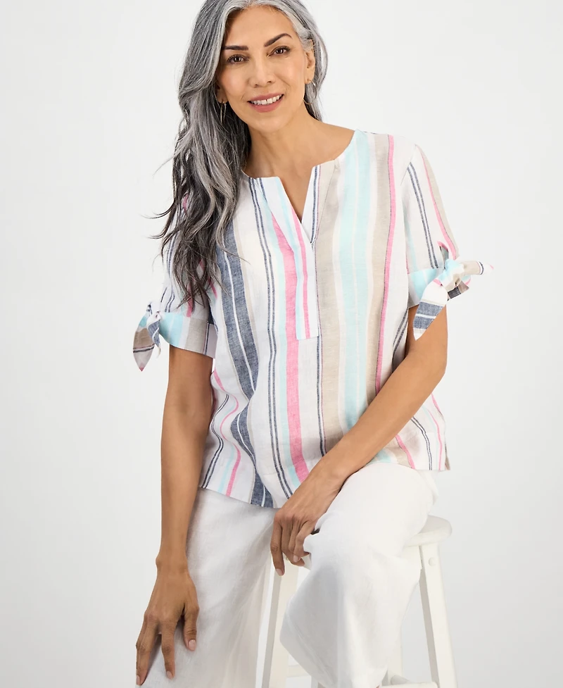 Charter Club Women's Striped 100% Linen Tied-Sleeve Top, Exclusively at Macy's