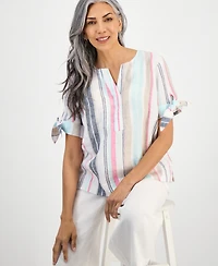 Charter Club Women's Striped 100% Linen Tied-Sleeve Top, Exclusively at Macy's
