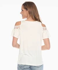 White Mark Women's Cold Shoulder Lace Trim Knit Top