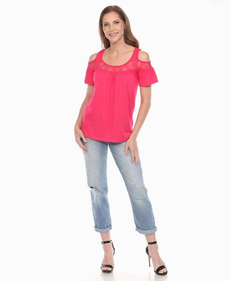 White Mark Women's Cold Shoulder Lace Trim Knit Top