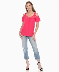 White Mark Women's Cold Shoulder Lace Trim Knit Top