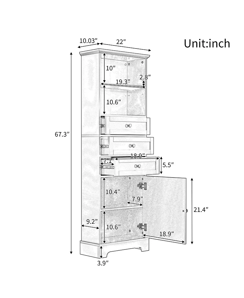Casainc 67.3"H Tall Cabinet with 3 Drawers, Adjustable Shelves