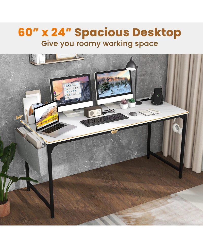 60 Inch Computer Desk with Charging Station Storage Bag
