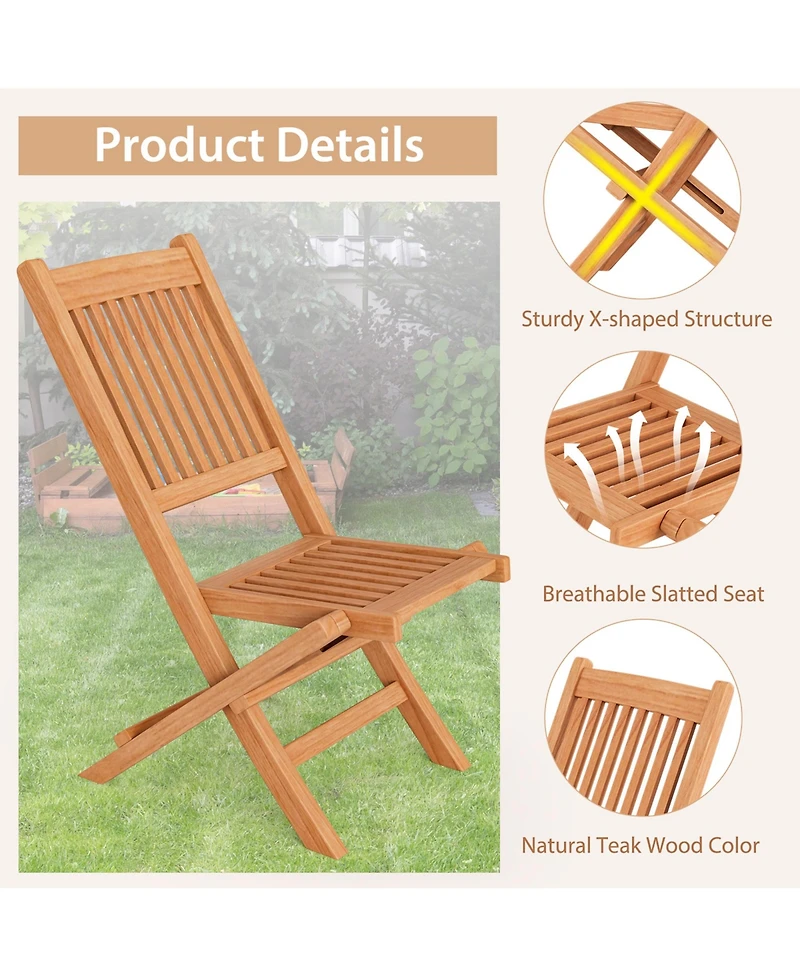 Gymax Set of 2 Indonesia Teak Wood Outdoor Chair Folding Portable Patio Chair w/ Slatted Seat & Back