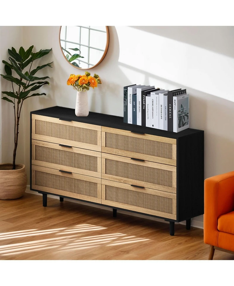 51.18" 6-Drawers Rattan Storage Cabinet Rattan Drawer, for Bedroom, Living Room, Black (Same Sku:W757112779