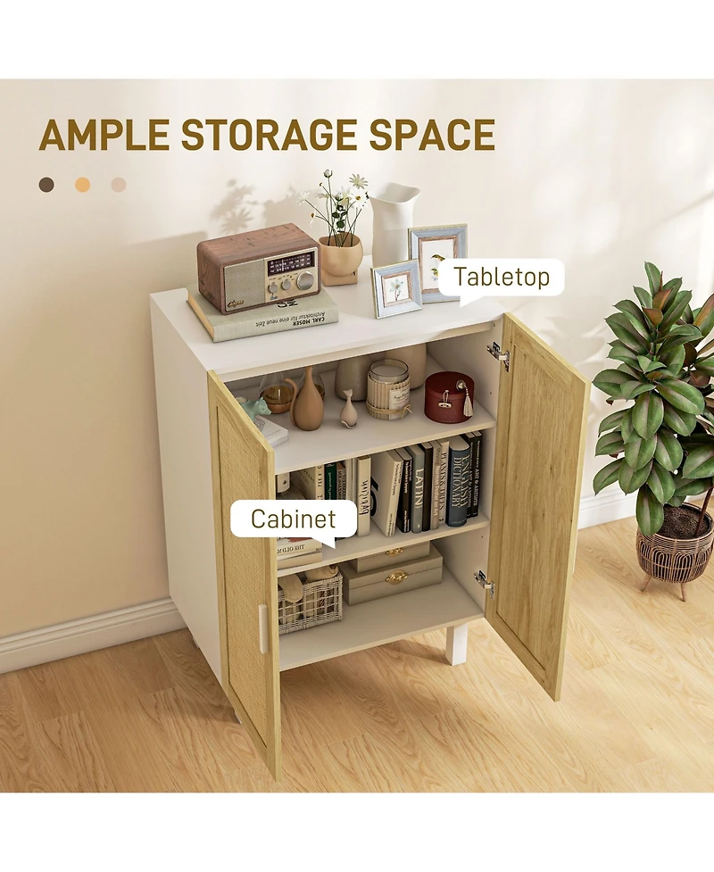 Sideboard Buffet Cabinet, Kitchen Cabinet, Coffee Bar Cabinet with 2 Rattan Doors and Adjustable Shelves, White and Natural