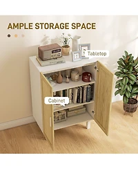 Sideboard Buffet Cabinet, Kitchen Cabinet, Coffee Bar Cabinet with 2 Rattan Doors and Adjustable Shelves, White and Natural