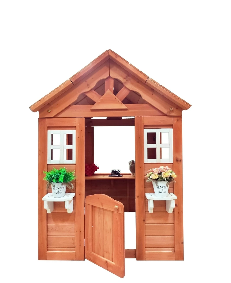 All Wooden Kids Playhouse with 2 windows and flowerpot holder