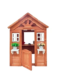 All Wooden Kids Playhouse with 2 windows and flowerpot holder
