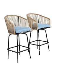 Mondawe Outdoor Bar Stools Set of 2, 2-Piece Patio with Armrests, All Weather Rattan Chairs Backrest, Wicker for Backya