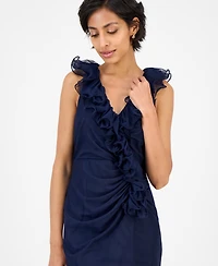 Alex Evenings Petite Ruffled V-Neck Sleeveless Mesh Gown