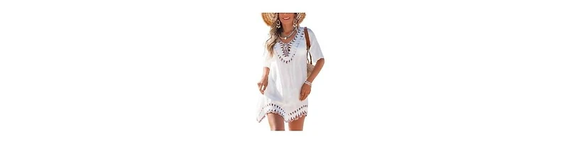 Cupshe Women's Vibrant Thread White Cover-Up Mini Beach Dress
