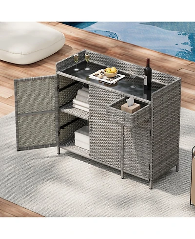 Wicker Outdoor Storage Cabinet & Bar Table Combo