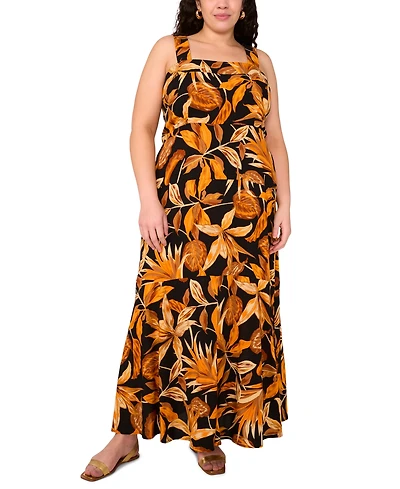 Vince Camuto Plus Tropical-Print Square-Neck Smocked-Back Sleeveless Maxi Dress