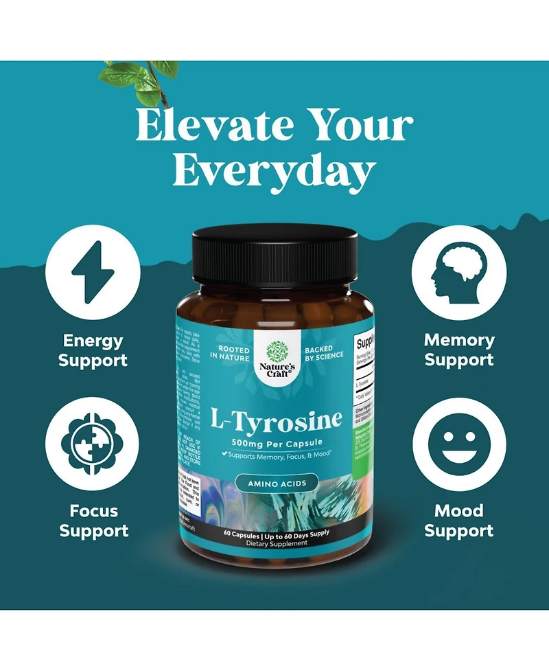 L-Tyrosine Capsule, High Strength L-Tyrosine Supplement | for Mental Energy, Mood, Focus, Attention & Cognition | 60ct