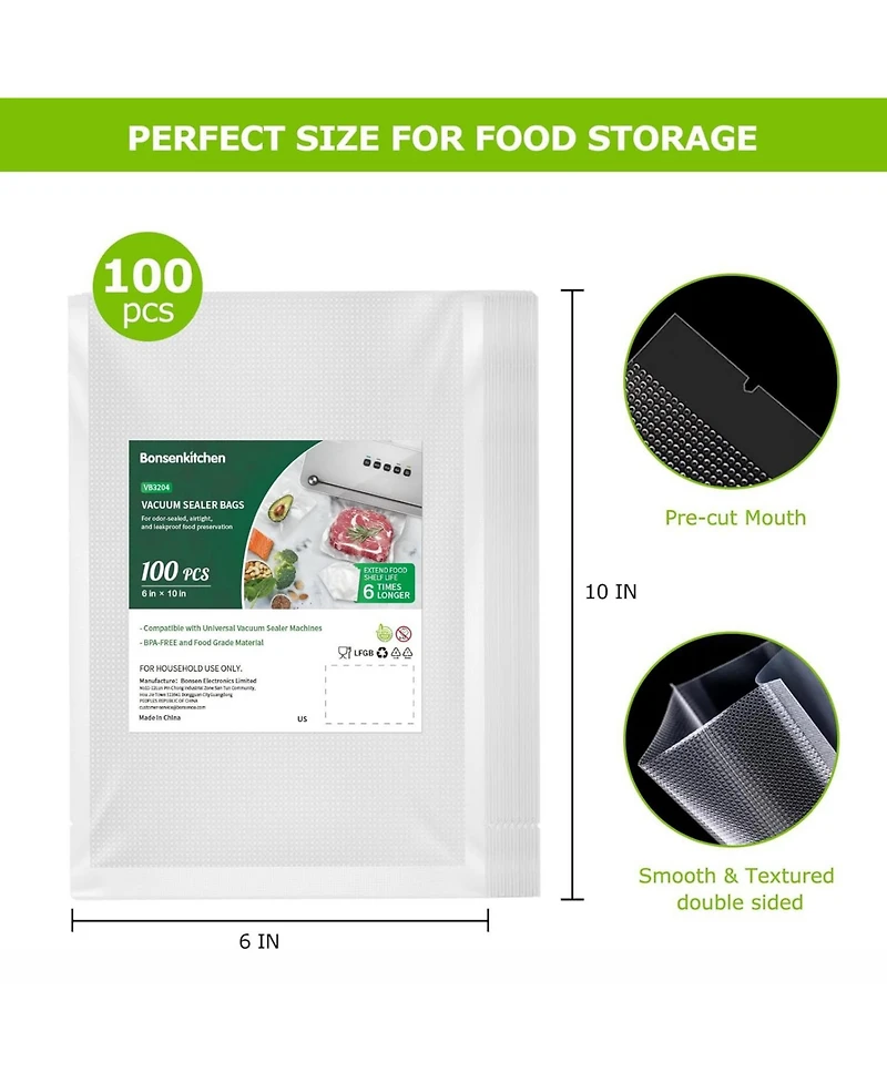 Bonsenkitchen Precut Vacuum Food Sealer Bags 100 Pint 6" x 10", Bpa Free, Commercial Grade Textured Food Vacuum Sealer Bag, Thick Embossed B