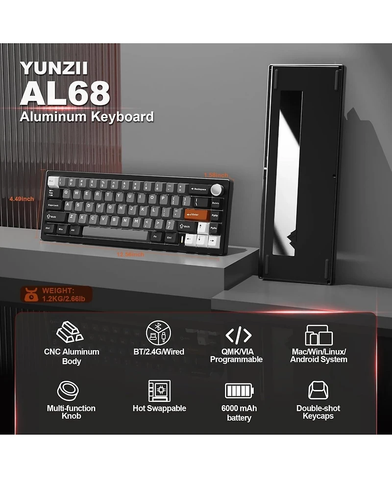 Yunzii AL68 Wireless Mechanical Keyboard,Full Aluminum Cnc,60% Layout with Knob, Qmk/Via Software,Gasket Mounted,Hot Swappable,Rgb Backlit,Bt/2.4G/Usb