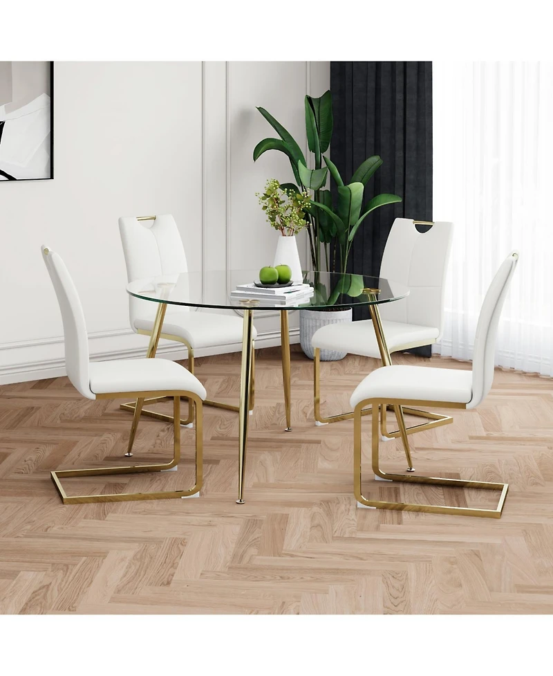Streamdale Glass Table & 4 White Pu Chairs - Gold Legs