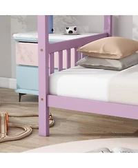 Twin House Bed with Headboard and Footboard, Twin Rubber Wood Bed with House Frame,Pink