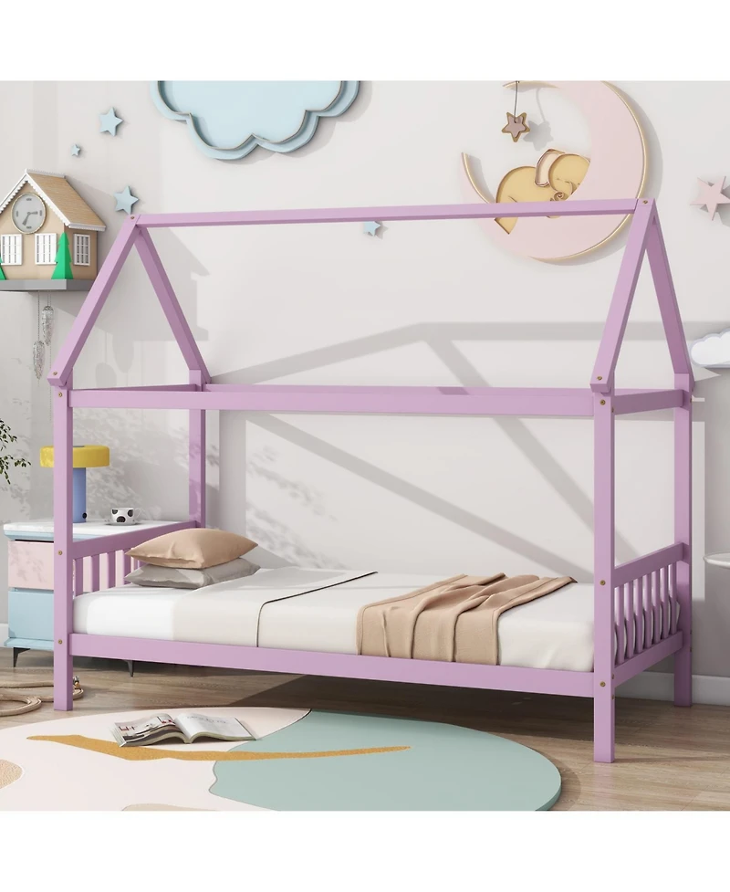 Twin House Bed with Headboard and Footboard, Twin Rubber Wood Bed with House Frame,Pink