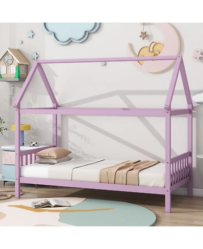 Twin House Bed with Headboard and Footboard, Twin Rubber Wood Bed with House Frame,Pink