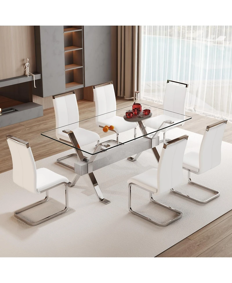 Streamdale Elegant Glass Dining Set with 6 Pu Chairs (71" x 35.4")