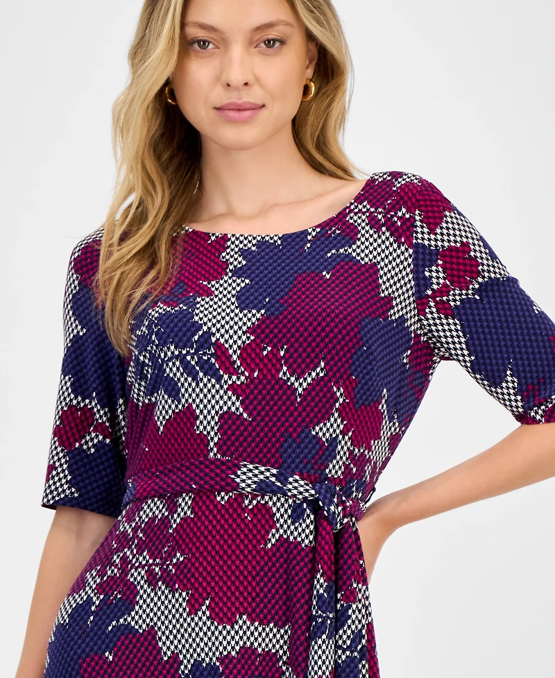 Kasper Women's Printed Tie-Waist Elbow-Sleeve Midi Dress