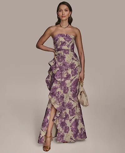 Donna Karan New York Women's Strapless Ruffled Floral Procade Gown