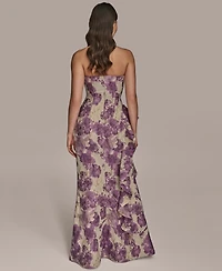 Donna Karan New York Women's Strapless Ruffled Floral Procade Gown
