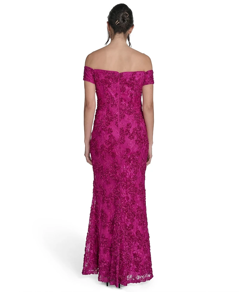 Jessica Howard Petite Soutache Floral Lace Off-the-shoulder Gown