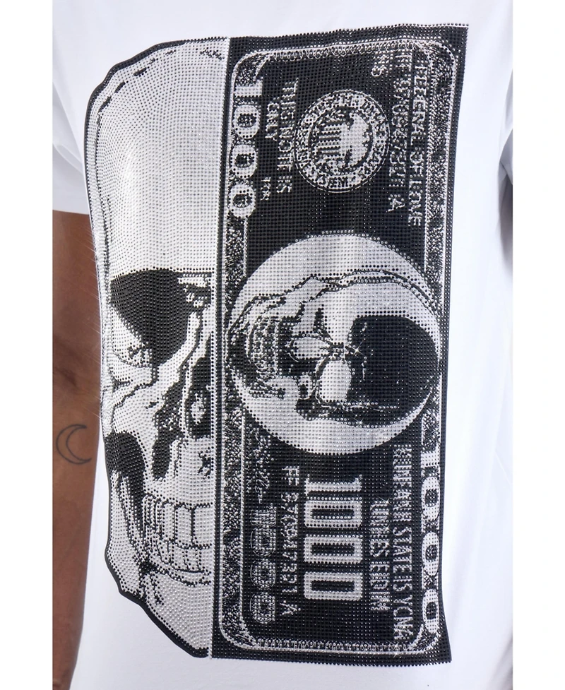 heads or tails Men's Skull And Money Rhinestone Crew T-Shirt