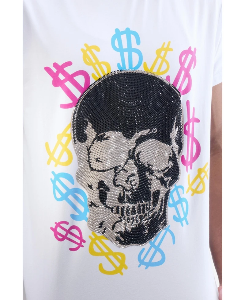 heads or tails Men's Multi Color Money Skull Rhinestone Crew T-Shirt