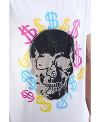 heads or tails Men's Multi Color Money Skull Rhinestone Crew T-Shirt