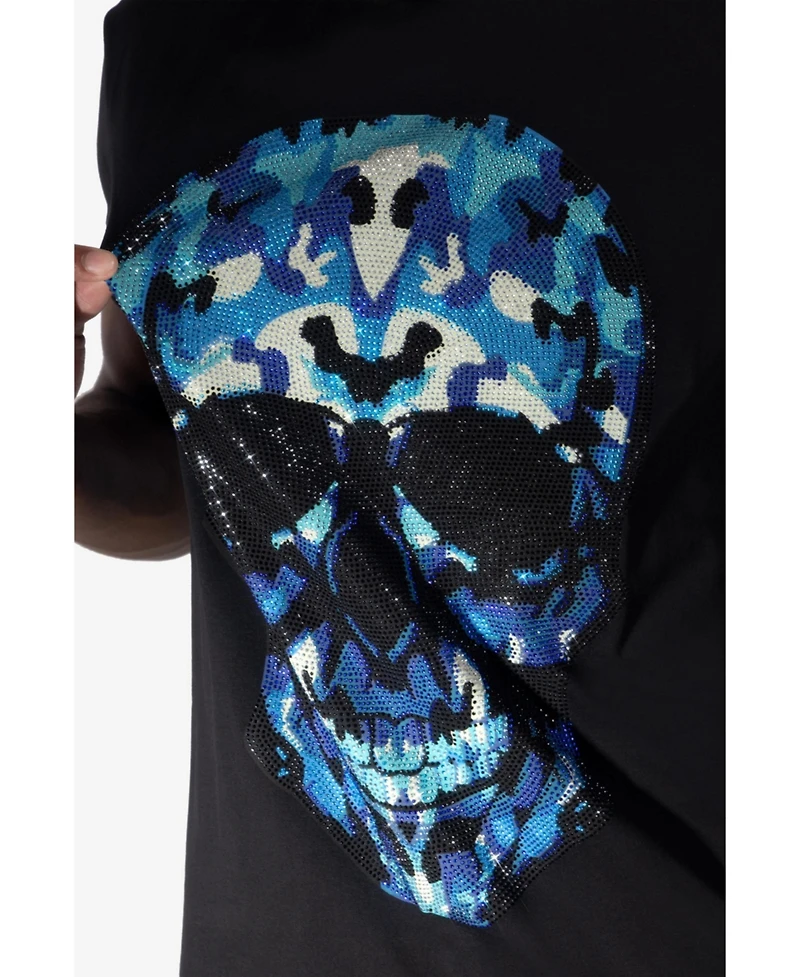 heads or tails Men's Blue Skull Rhinestone Crew T-Shirt