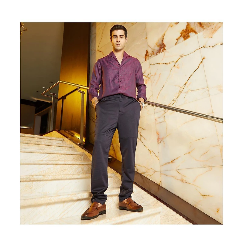 Campus Sutra Men's Midnight Black Panel-Waffle Chino Trousers