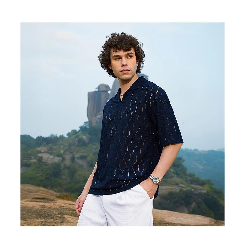 Campus Sutra Men's Prussian Blue Honeycomb-Knit Polo T-Shirt