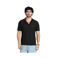 Campus Sutra Men's Onyx Black Panel-Tactile Cuban Polo T-Shirt