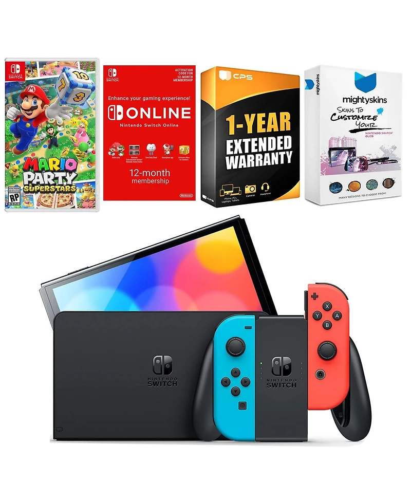 Nintendo Switch Neon Red & Blue Oled Console with Mario Party Superstars, Nso 12 Month Family Membership