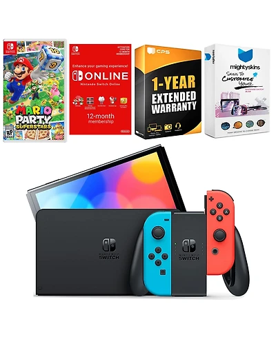 Nintendo Switch Neon Red & Blue Oled Console with Mario Party Superstars, Nso 12 Month Family Membership