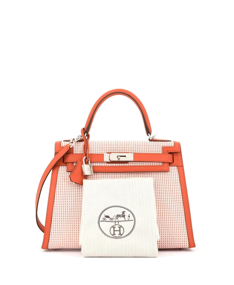Pre-Owned Hermes Kelly 28 Handbag Quadrille Canvas and Orange Swift with Palladium Hardware