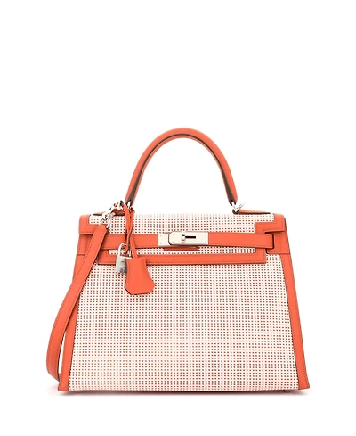 Pre-Owned Hermes Kelly 28 Handbag Quadrille Canvas and Orange Swift with Palladium Hardware