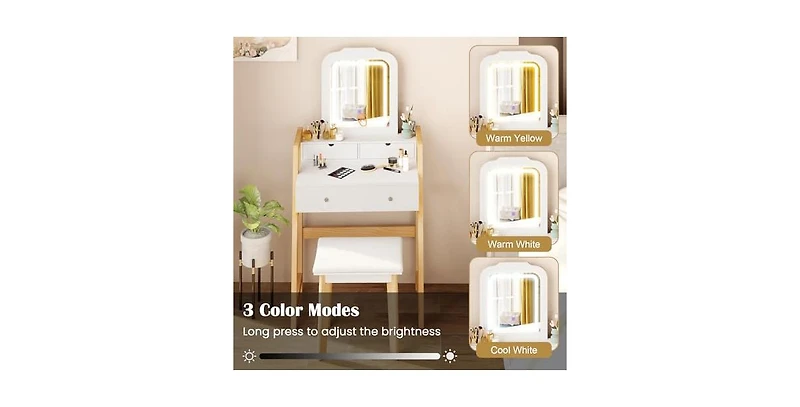 Adjustable Height Vanity Desk Set with 3-Color Led Lighted Mirror and Drawers