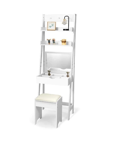 Vanity Desk Set with Flip Top Mirror, Hidden Storage Compartments and Cushioned Stool
