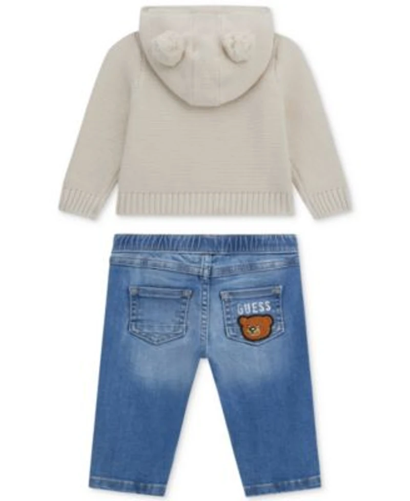 Guess Baby Boys Hooded Long Sleeve Zip Up Sweater Stretch Denim Pull On Jeans