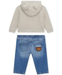 Guess Baby Boys Hooded Long Sleeve Zip Up Sweater Stretch Denim Pull On Jeans