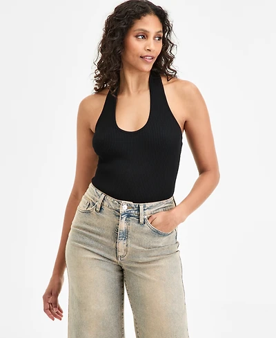 Bar Iii Women's Halter Neck Rib-Knit Sweater Bodysuit, Exclusively at Macy's