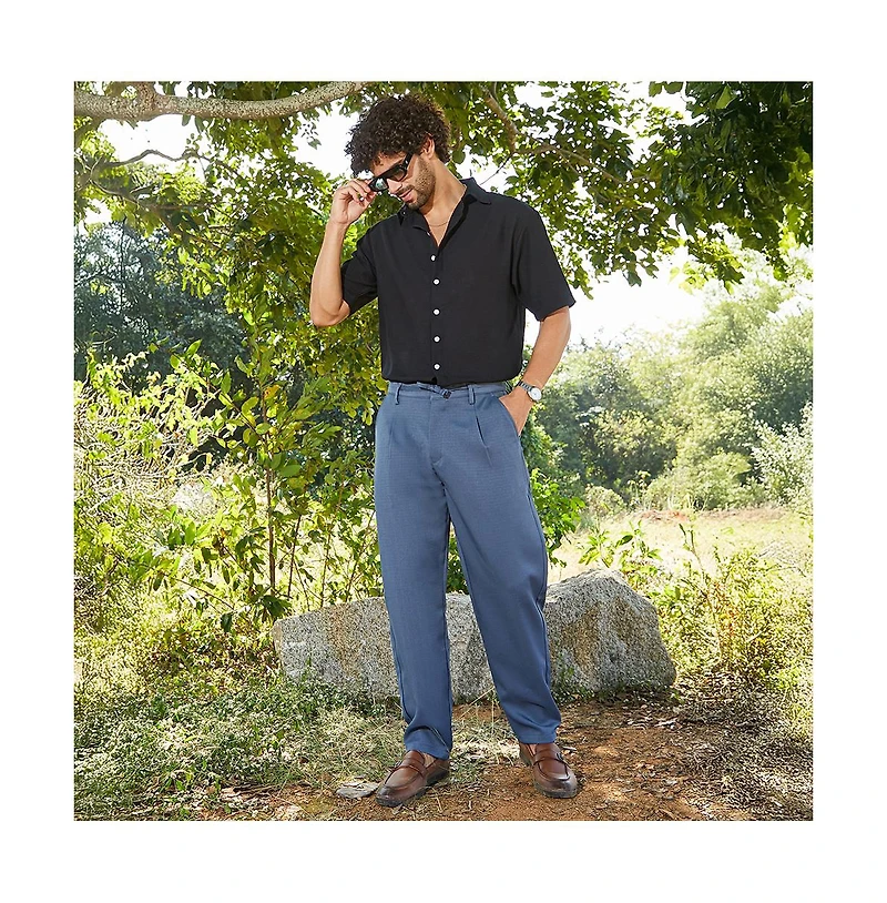 Campus Sutra Men's Steel Blue Tailored Linen-Blend Trousers