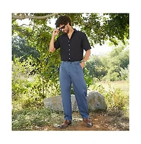 Campus Sutra Men's Steel Blue Tailored Linen-Blend Trousers